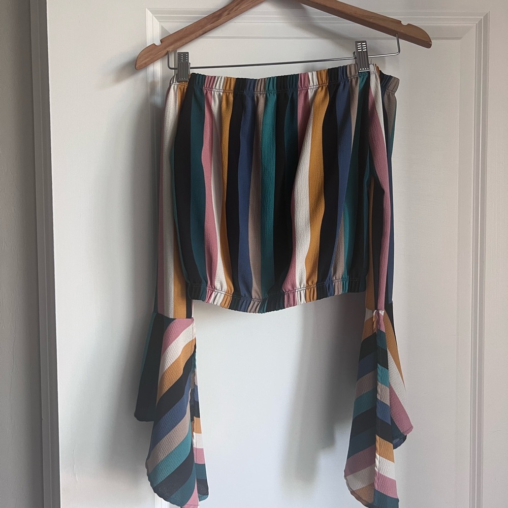 Striped Off-Shoulder Top with Flared Sleeves